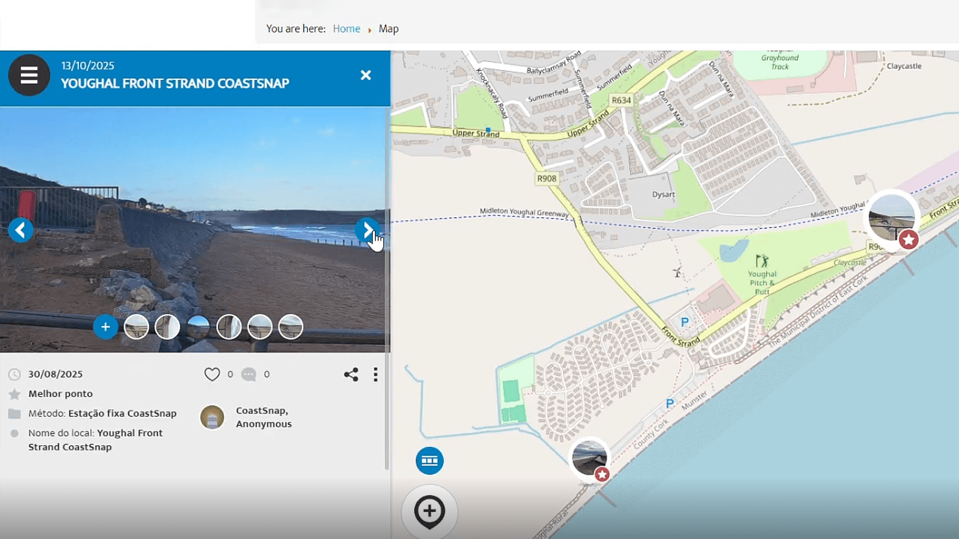 CoastSnap instructional signage at Youghal Beach, Ireland guiding residents to photograph and report coastal erosion impacts.