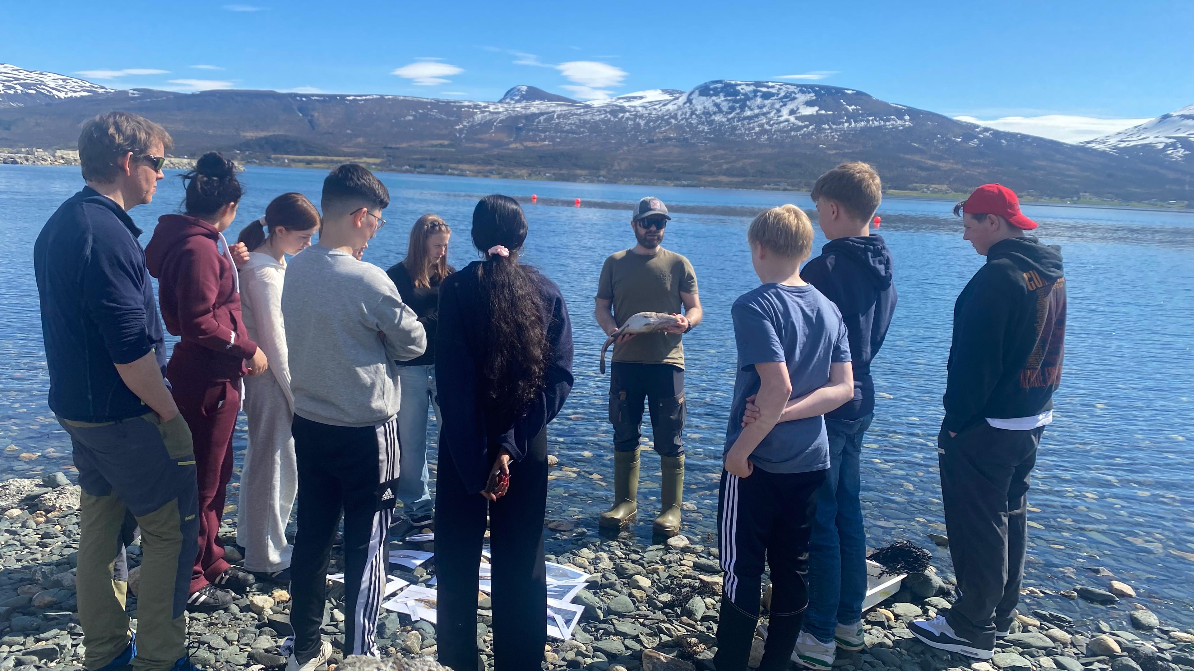 Norwegian students learning about kelp forests and sea urchin impacts through hands-on marine science education activities.